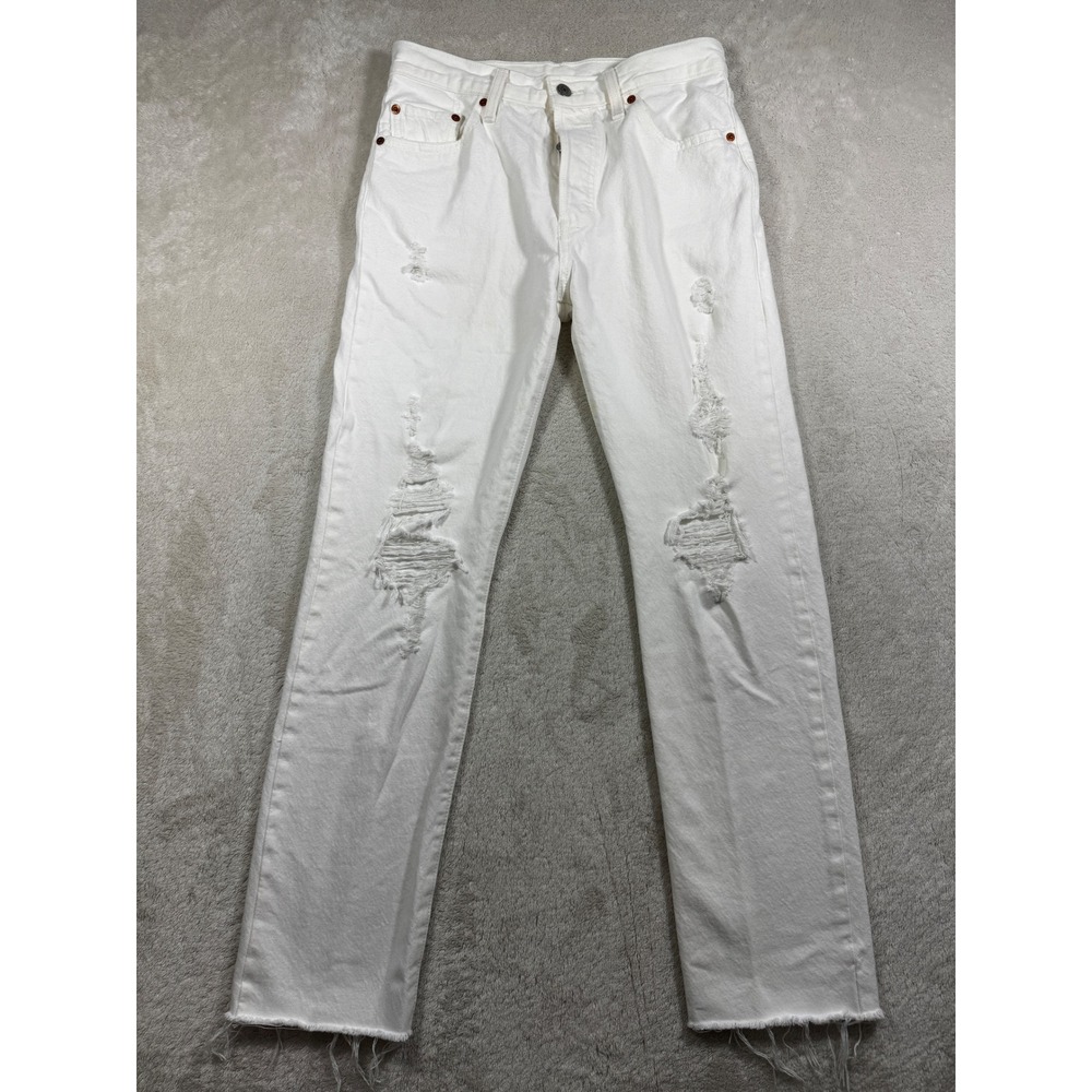 Levi's Womens 501 Distressed High Rise White Straight Jeans 28 Meas: 30x29.5